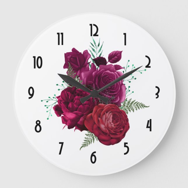 Reloj Redondo Grande Elegante Bouquet Magenta Rosa Floral (Anverso)