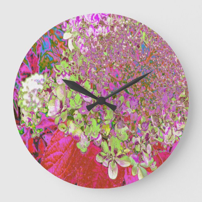 Reloj Redondo Grande Elegante Chartreuse Verde, Rosa y Azul Hydrangea (Anverso)
