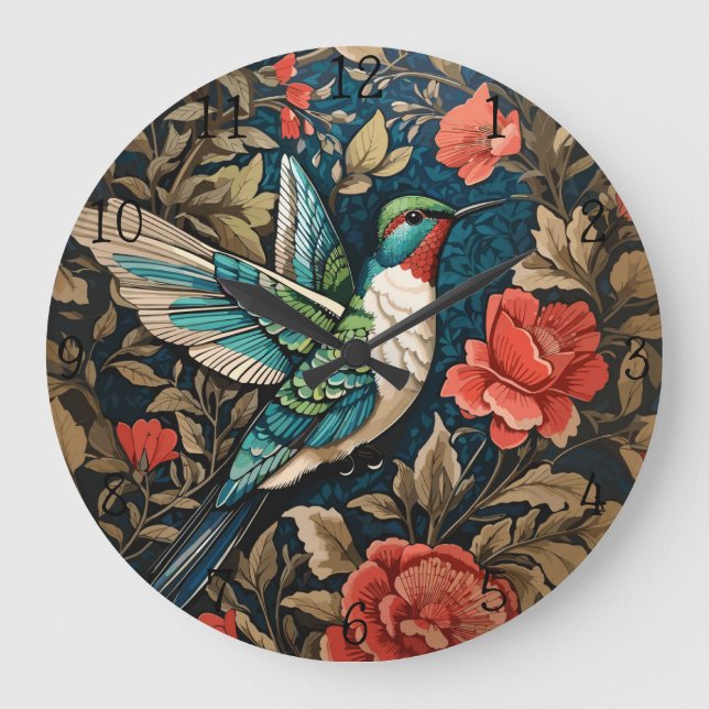 Reloj Redondo Grande Elegante colibrí volador William Morris inspirado (Anverso)