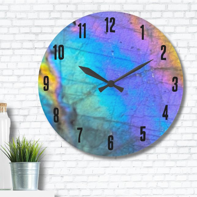 Reloj Redondo Grande Elegante color de mármol (Trendy Modern Rainbow Labradorite Crystal Stone Large Clock)