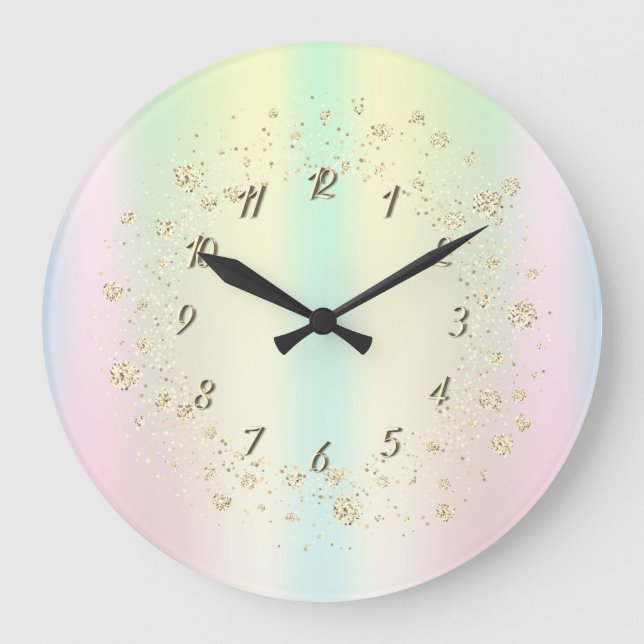 Reloj Redondo Grande Elegante Confetti Holographic Rainbow (Anverso)