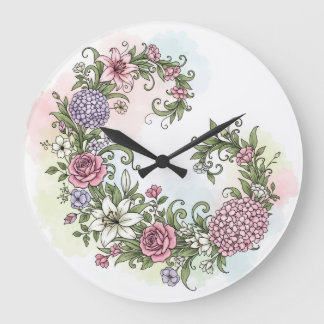 Reloj Redondo Grande Elegante corona floral vintage con rosas rosadas y