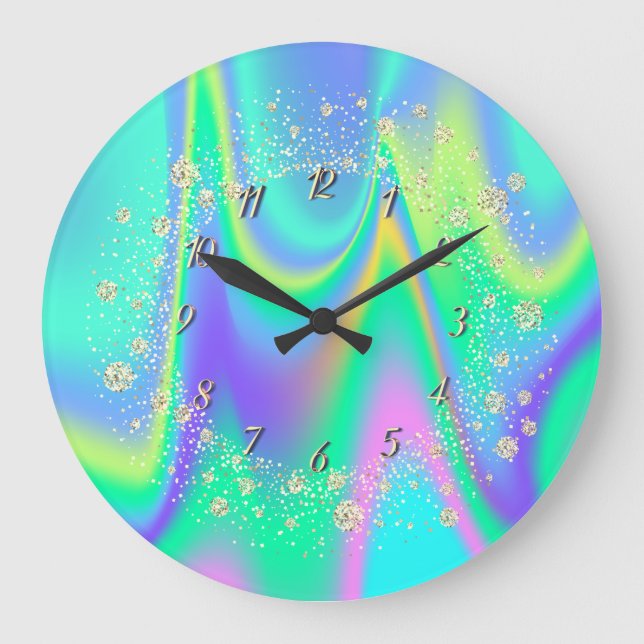 Reloj Redondo Grande Elegante de Moda Confeti Arcoíris Holográfico (Anverso)