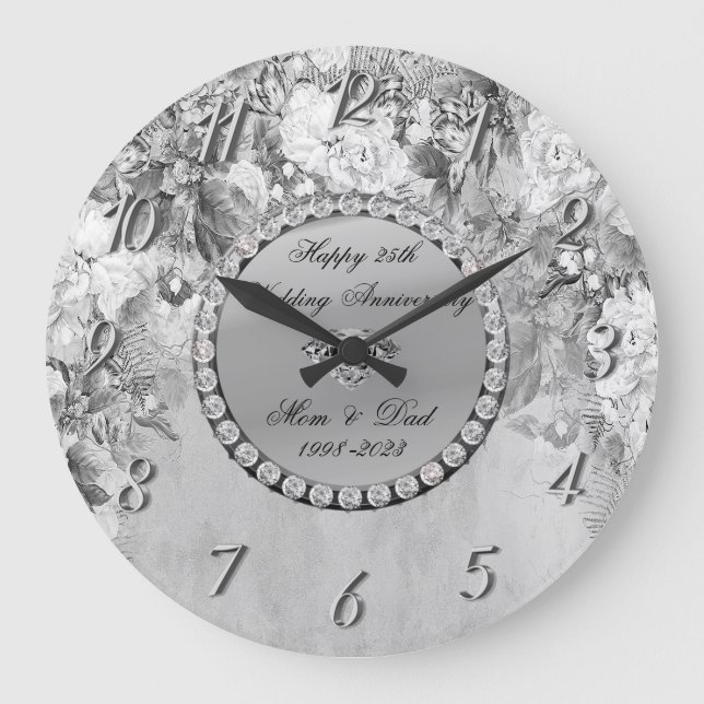 Reloj Redondo Grande Elegante Diamantes Flores 25 Aniversario Boda (Anverso)