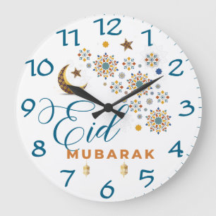Reloj Redondo Grande Elegante Eid Mubarak Caligrafía Luna Estrellas