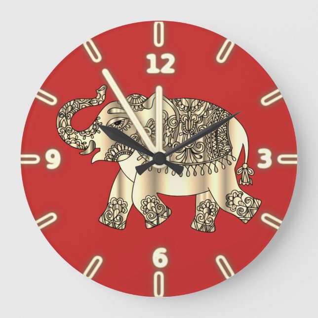 Reloj Redondo Grande Elegante Elefante Floral de Paisley Gold, Rojo (Anverso)