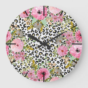 Reloj Redondo Grande Elegante estampado de leopardo y diseño floral