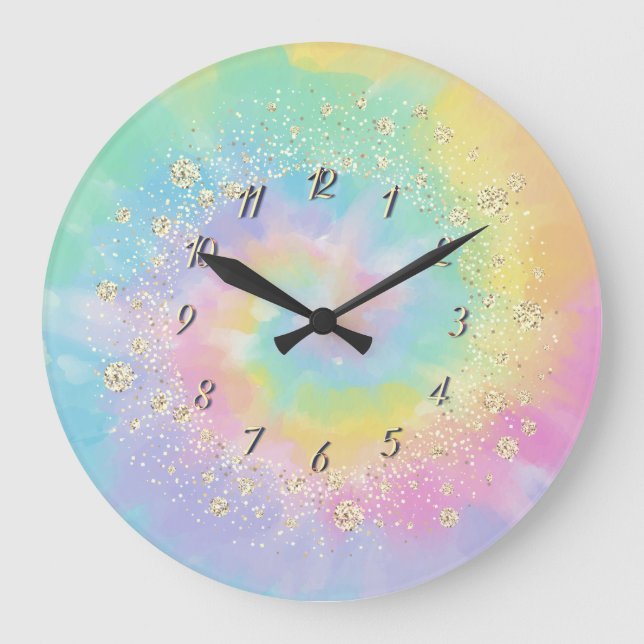 Reloj Redondo Grande Elegante estilo Confetti Rainbow Tie Dye (Anverso)
