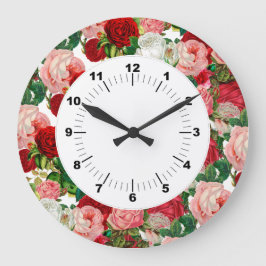 Reloj Redondo Grande Elegante flor botánica verde rojo borgoña