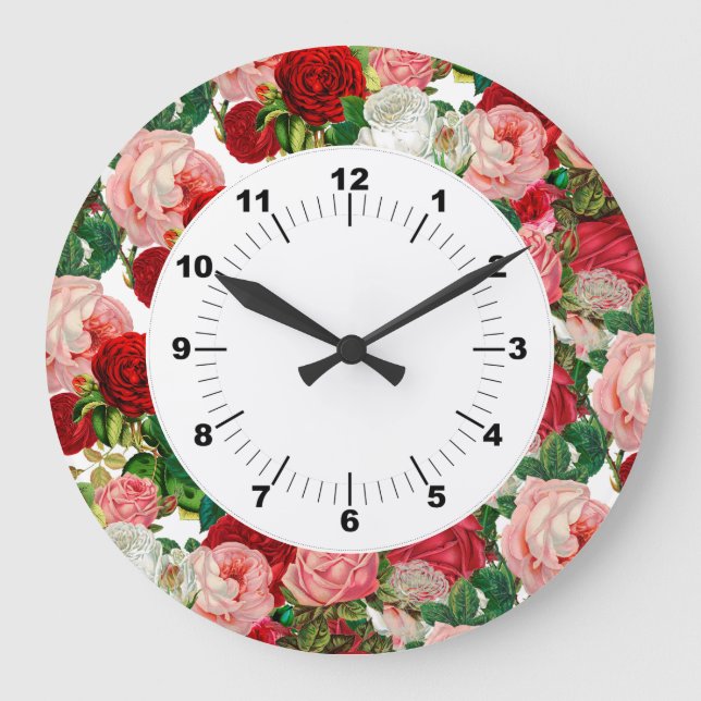 Reloj Redondo Grande Elegante flor botánica verde rojo borgoña (Anverso)