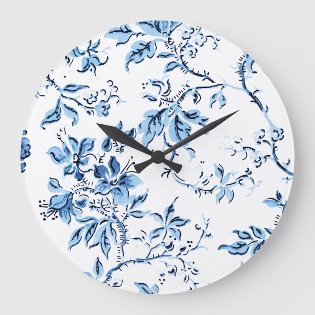Reloj Redondo Grande Elegante floral azul y blanco Delft (Anverso)