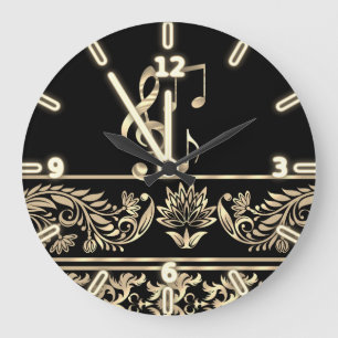 Reloj Redondo Grande Elegante Floral de Oro, Llave de Violín, Nota