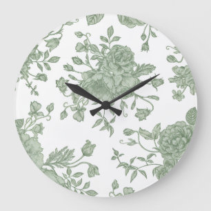 Reloj Redondo Grande Elegante Floral Francés Verde Salvia Vintage