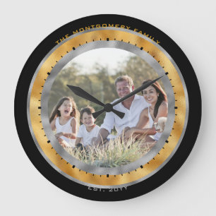 Reloj Redondo Grande Elegante Foto con Nombre Personalizado de Hoja de