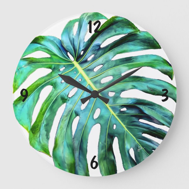 Reloj Redondo Grande Elegante foto tropical de hoja de Hawaii Monstera (Anverso)