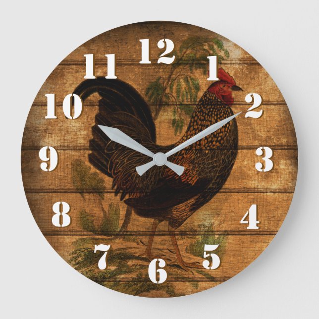 Reloj Redondo Grande Elegante gallo campestre en madera rústica (Anverso)