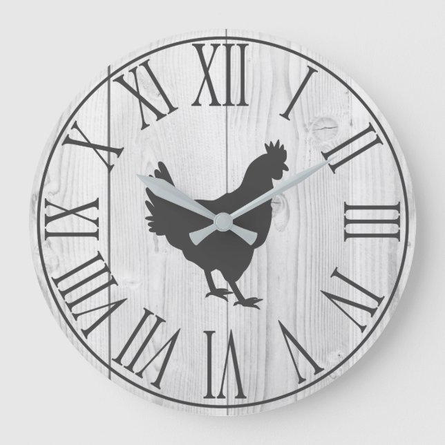 Reloj Redondo Grande Elegante granja rústica Faux White Wood & Hen (Anverso)