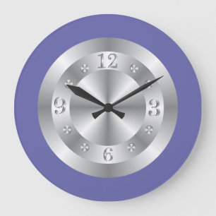 Reloj Redondo Grande Elegante Gris Plateado Y Azul Periwinkle