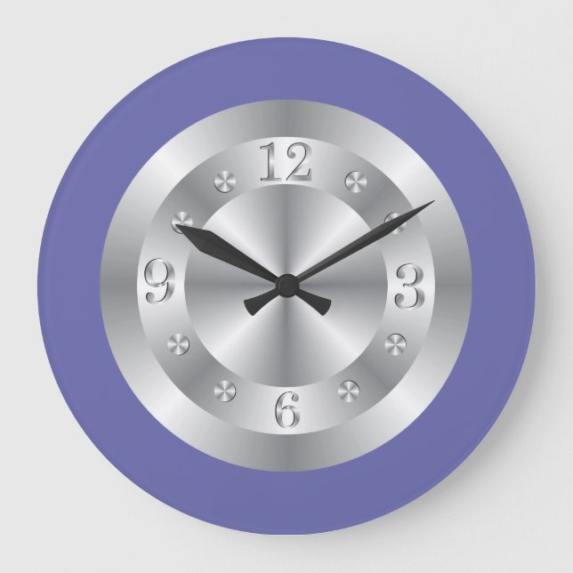 Reloj Redondo Grande Elegante Gris Plateado Y Azul Periwinkle (Anverso)