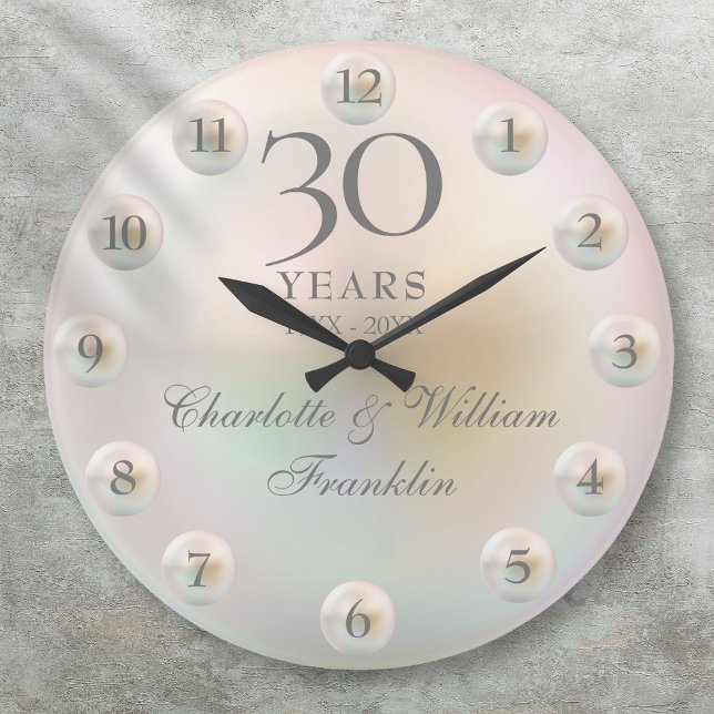 Reloj Redondo Grande Elegante guión de Pearl 30 aniversario Boda (Elegant Script Pearl 30th Wedding Anniversary Large Clock)