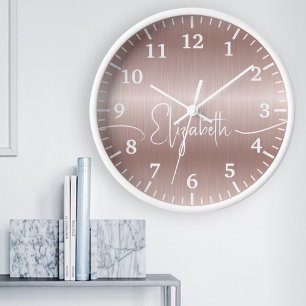 Reloj Redondo Grande Elegante guión femenino metal cepillado oro rosa