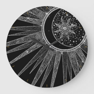 Reloj Redondo Grande Elegante luna de sol plateado Mandala Diseño negro