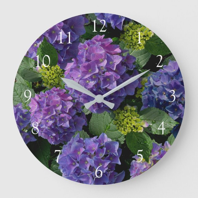 Reloj Redondo Grande Elegante magenta púrpura azul verde hidrangea flor (Anverso)
