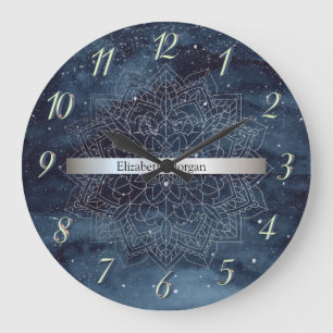 Reloj Redondo Grande Elegante Mandala de Plata con Franja en Azul Marin
