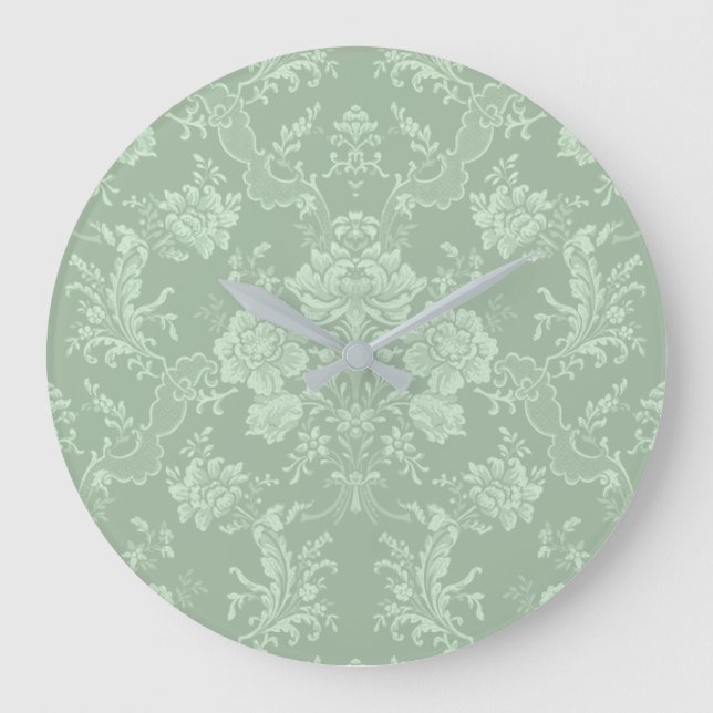 Reloj Redondo Grande Elegante Moda romántica floral Damasco-Sage Verde (Anverso)