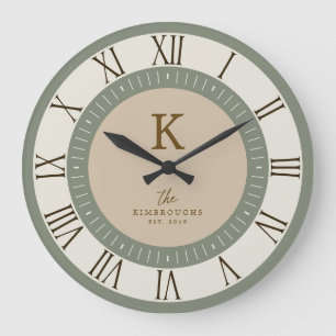 Reloj Redondo Grande Elegante Moderna Familia Monograma en Crema y Beig