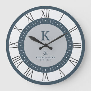 Reloj Redondo Grande Elegante Moderno Monograma Familiar Gris Azul Polv