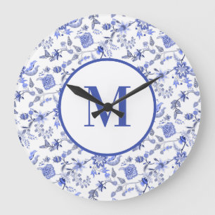 Reloj Redondo Grande Elegante monograma floral vintage azul polvoriento