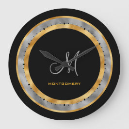 Reloj Redondo Grande Elegante Monograma Personalizado con Hojas de Oro 