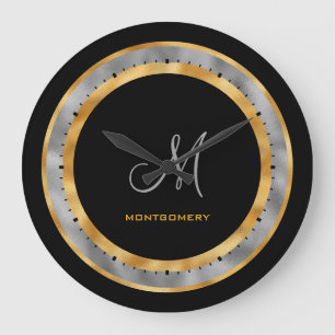 Reloj Redondo Grande Elegante Monograma Personalizado con Hojas de Oro