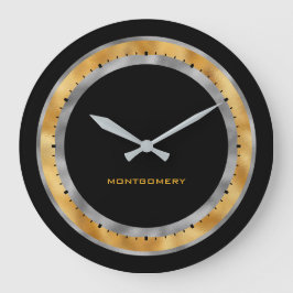 Reloj Redondo Grande Elegante negro personalizado con lámina de plata y