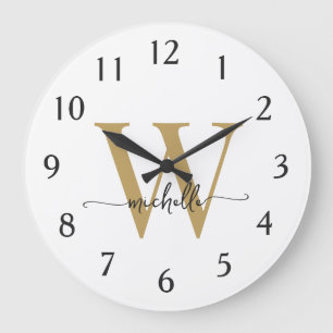 Reloj Redondo Grande Elegante Nombre de Letra Inicial Moderno de Oro Bl