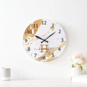 Reloj Redondo Grande Elegante nombre de monograma de Relieve metalizado