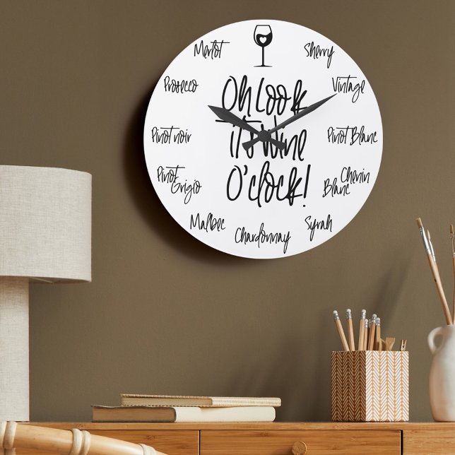 Reloj Redondo Grande Elegante Oh Look It's Wine O'Clock | Nombres de vi (Stylish Oh Look It's Wine O'Clock | Wine Names Large Clock)