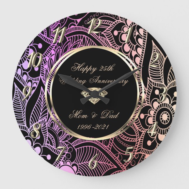 Reloj Redondo Grande Elegante Ombre Mandala 25º Aniversario Boda (Anverso)