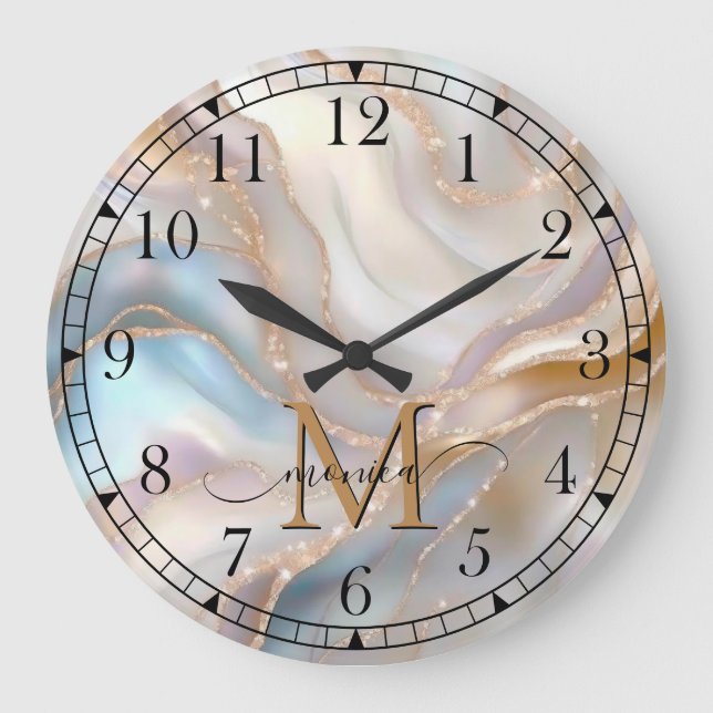 Reloj Redondo Grande Elegante oro y nácar Monograma Nombre Personalizad (Anverso)