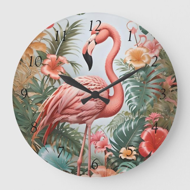 Reloj Redondo Grande Elegante pájaro rosa flamenco y flores tropicales (Anverso)