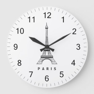 Reloj Redondo Grande Elegante París en blanco y negro Torre Eiffel Fran