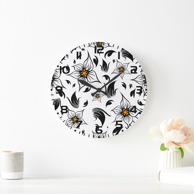 Reloj Redondo Grande Elegante patrón botánico floral blanco y negro (Subido por el creador)
