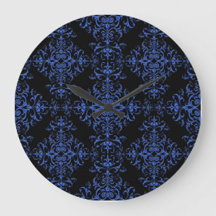 Reloj Redondo Grande Elegante patrón de estilo damasco floral azul y ne