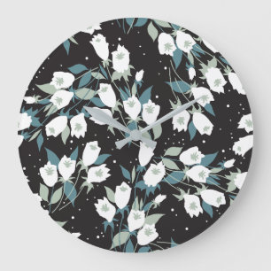 Reloj Redondo Grande Elegante Patrón de flor tulipán Fondo negro