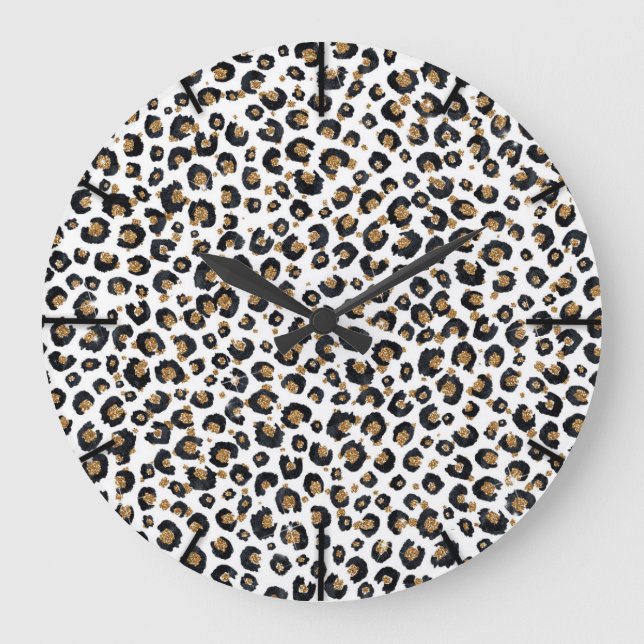 Reloj Redondo Grande Elegante patrón de leopardo Purpurina dorado (Anverso)