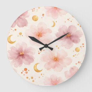 Reloj Redondo Grande Elegante patrón floral de acuarela rosa