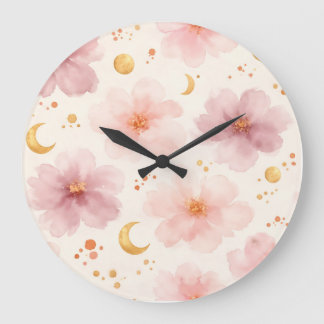 Reloj Redondo Grande Elegante patrón floral de acuarela rosa