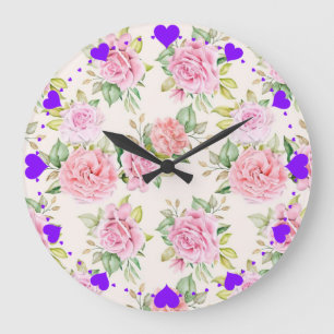 Reloj Redondo Grande Elegante patrón floral de rosa romántica