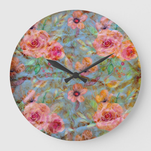 Reloj Redondo Grande Elegante Patrón rosa rosa floral (Anverso)